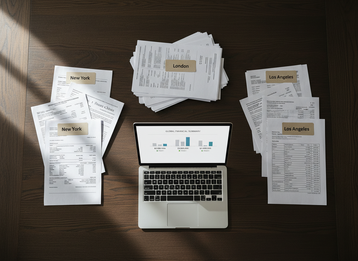 An overhead view of a dark oak table holding three distinct piles of documents labeled with small, tasteful tags: “New York,” “London,” and “Los Angeles.” Each pile contains restaurant invoices, purchase orders, and utility bills with different currencies and formats, all neatly aligned. A slim silver laptop in the center shows a consolidated financial summary that ties all three cities together in a clear, minimalist interface. Soft, diffused daylight from an unseen window to the left lends an even, professional illumination, creating delicate paper textures and gentle shadows. The mood is global, experienced, and methodical, reflecting decades of international restaurant operations. Photographic realism with sharp focus throughout, using a flat-lay composition that feels organized, modern, and quietly confident.