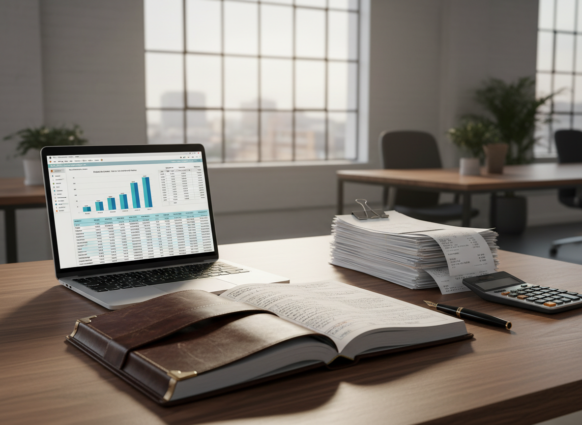 A meticulously organized bookkeeping workspace on a smooth walnut desk, featuring an open laptop displaying a clean bar chart and profit-and-loss statement, next to a thick, well-worn leather-bound ledger with neat handwritten figures. Beside it, a stack of neatly clipped restaurant receipts and invoices is arranged in perfect order, with a slim metal calculator and a fountain pen aligned parallel. The scene sits near a large loft-style window in a modern office, with soft late-afternoon natural light casting gentle, directional shadows. The mood is calm, precise, and trustworthy. Photographic realism, shot at eye level with a shallow depth of field, keeping the financial documents in razor-sharp focus while the background softly blurs for a professional, contemporary aesthetic.