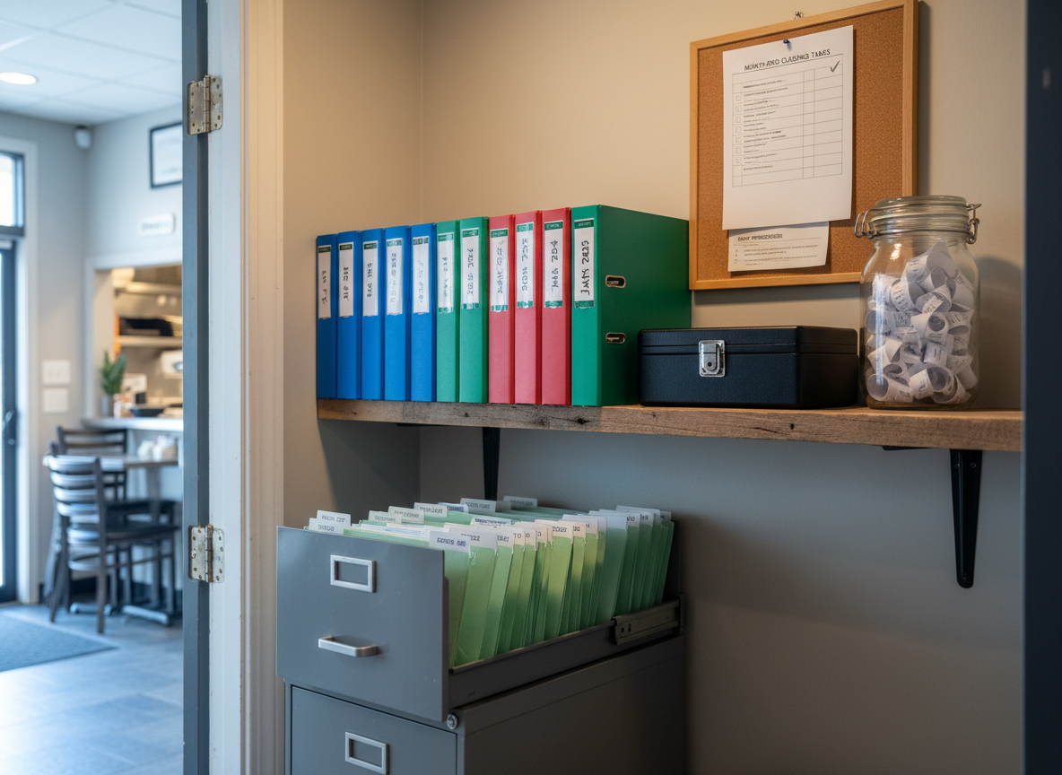 A tidy bookkeeping corner in the back of a restaurant, where a narrow reclaimed wood shelf holds color-coded binders labeled by month and year, along with a small locked cash box and a glass jar of carefully rolled register tapes. Below, a compact metal filing cabinet is slightly open, revealing neatly sorted hanging folders with visible restaurant-specific labels like “Food Cost,” “Beverage,” and “Payroll.” A wall-mounted corkboard above displays a clean, organized schedule of month-end closing tasks and checklists. Soft, warm ceiling light illuminates the scene, with a hint of cooler daylight from a nearby back door creating balanced, realistic tones. The atmosphere is quietly industrious and reassuring, emphasizing behind-the-scenes precision. Photographic realism, captured at a slight side angle with medium depth of field for a documentary, authentic feel.
