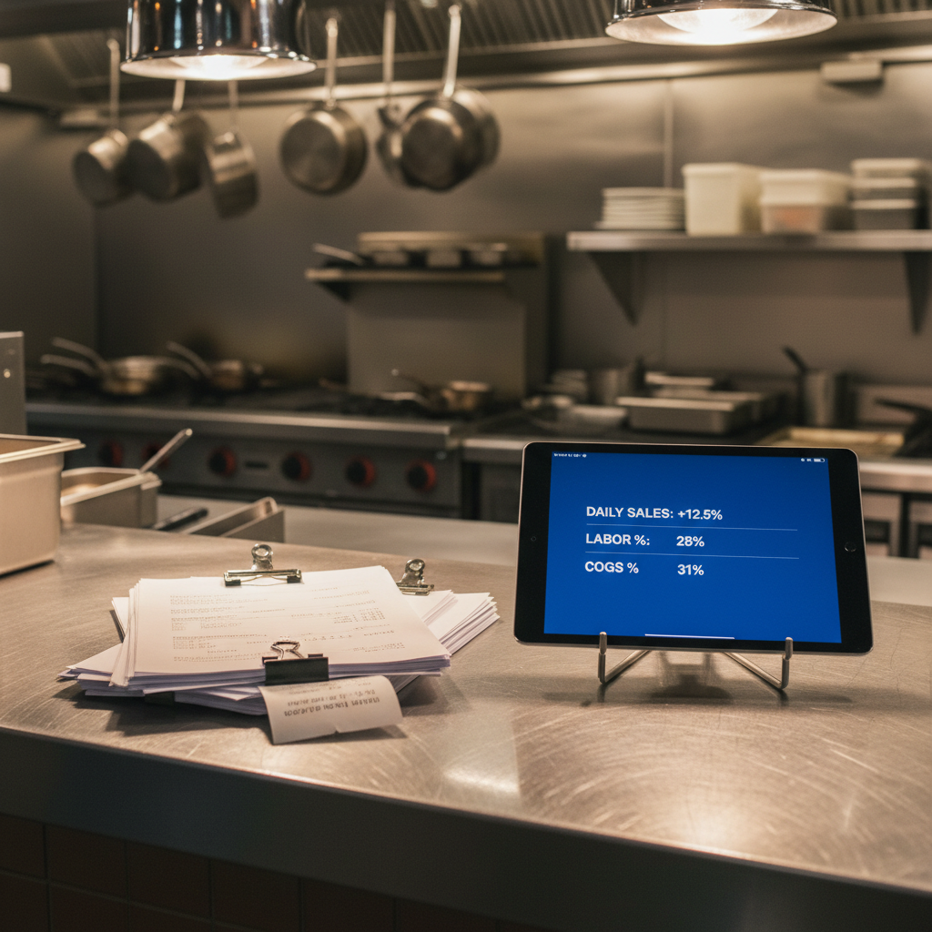 A close-up of a polished stainless-steel restaurant pass counter with a single, neatly stacked pile of printed end-of-day reports, credit card receipts, and itemized checks secured with a metal binder clip. A sleek tablet propped on a stand displays a simple, clear dashboard of daily sales and labor percentages. In the softly blurred background, hints of a professional open kitchen—gleaming pots, a tidy line, and labeled storage—suggest order and experience. Warm overhead pendant lighting creates subtle reflections on the metal surfaces and crisp highlights on the white paper. The mood is focused and competent, conveying control over the chaos of restaurant service. Photographic realism, framed in rule-of-thirds composition from a slightly elevated angle, emphasizing both the documents and the quietly humming environment behind them.